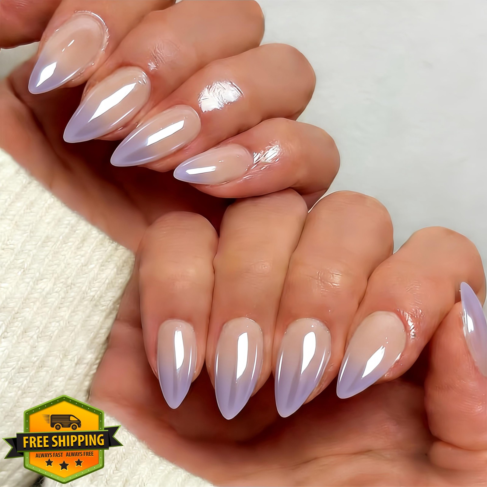 SXVME Chrome Ombre French Almond Fake Nails Wedding 24 Pcs