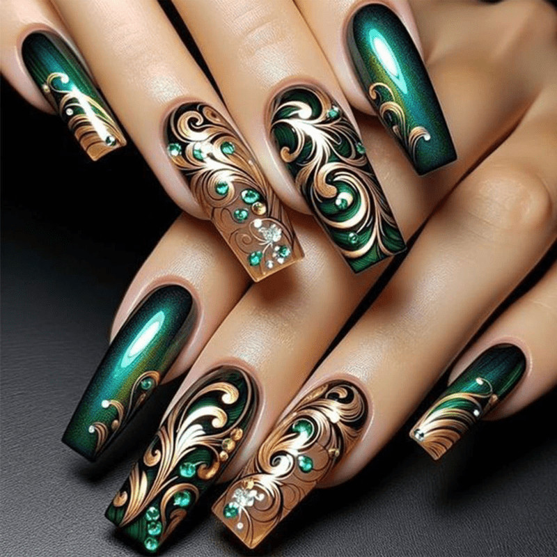 48pcs Long Taper Press on Nails, Dark Green Gold Swirl Rhinestone Luxury Nails