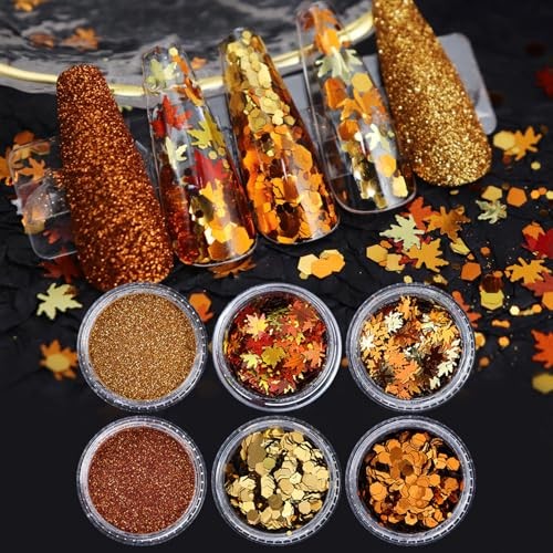 6-Grids Fall Maple Leaf Nail Art Glitter Sequins 3D Holographic Gold Orange