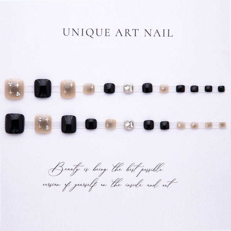 48 Pcs Black Silver Star Toe Press on Nails, Short Square Glitter Fake Nails