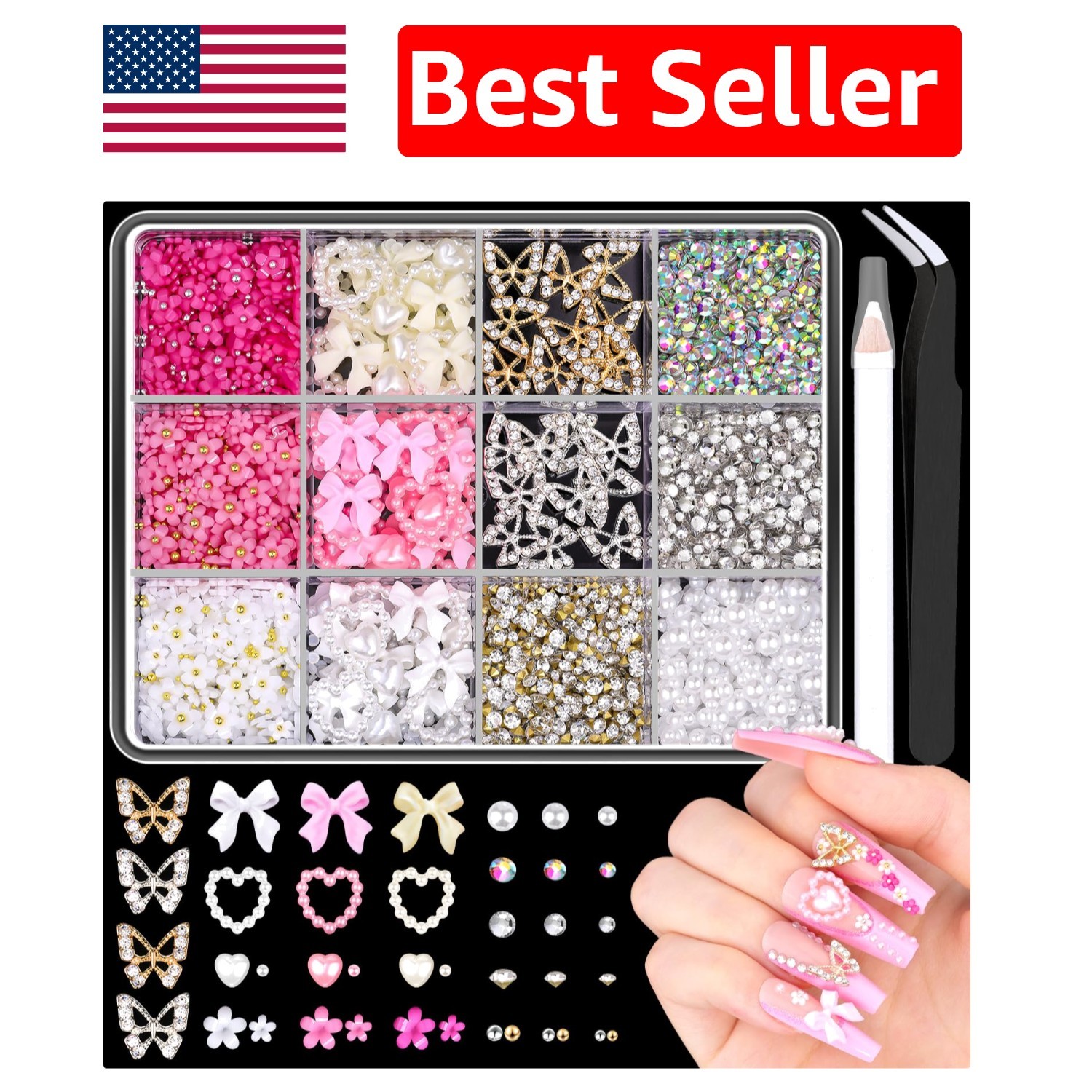 3D Nail Charms Set: 20PCS Butterfly + 75PCS Bow & Heart + Gems, Tools Included