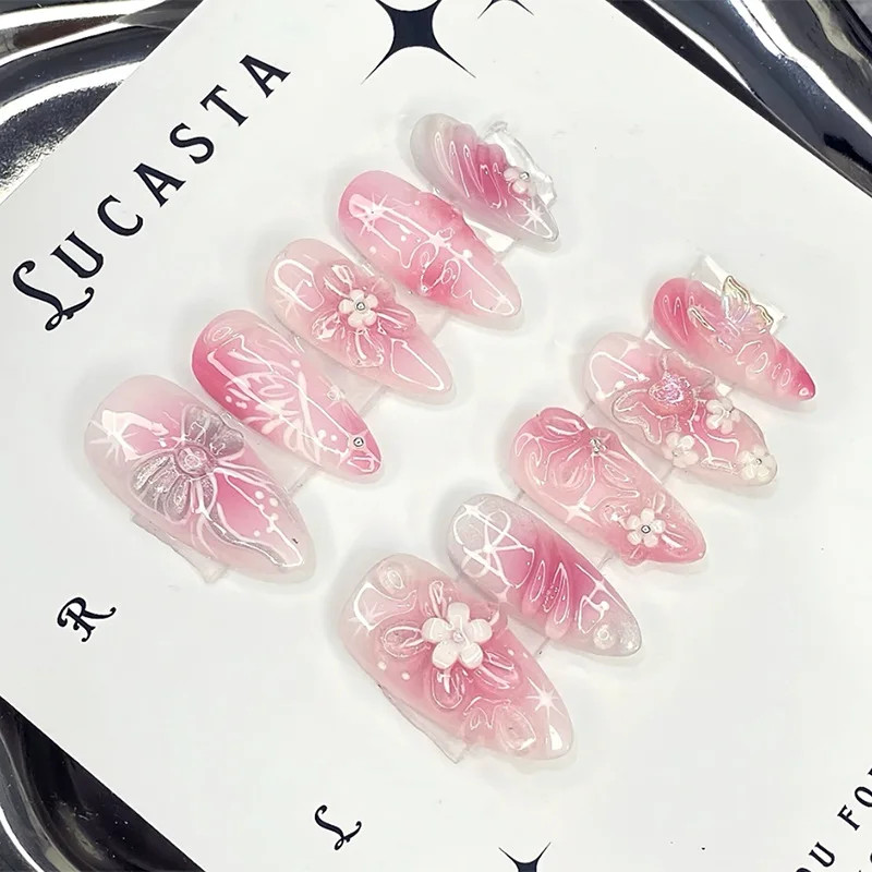 24Pcs Wearable False Nails 3D Flower Strawberry Green Gradient Pearl Mid-length