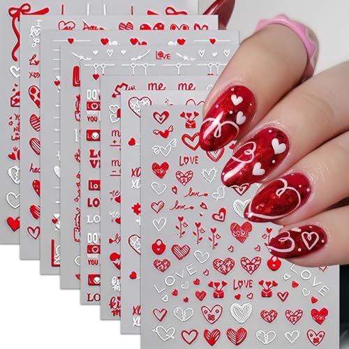 8Pcs Valentines Day Nail Art Stickers Decal Red Heart Nail Sticker 3D Self