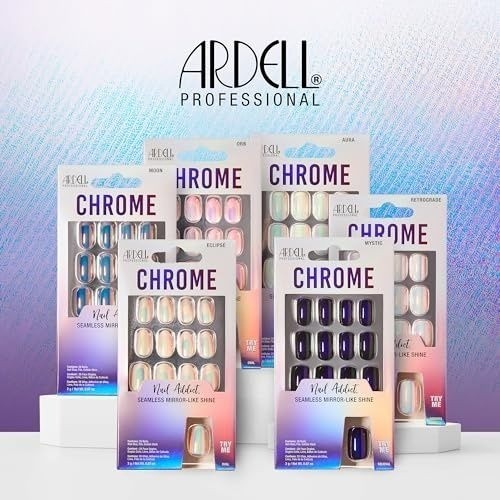 ARDELL Nail Addict Press-On 28 Nails CHROME Short Oval MOON Iridescent Blue