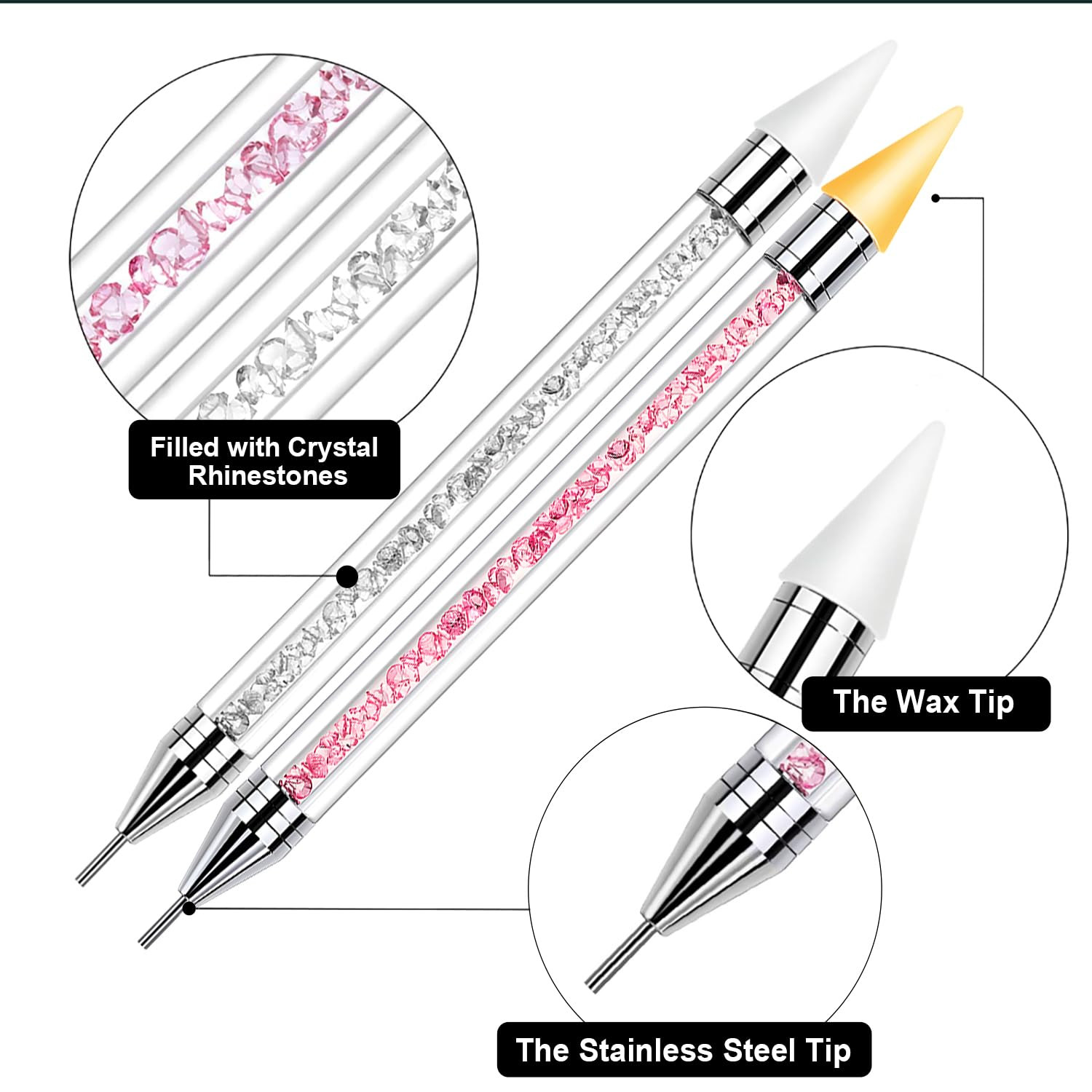 Rhinestone Picker Tool, Dual-Ended Applicator Nail Art Tool, 2 Pack with Wax Tip