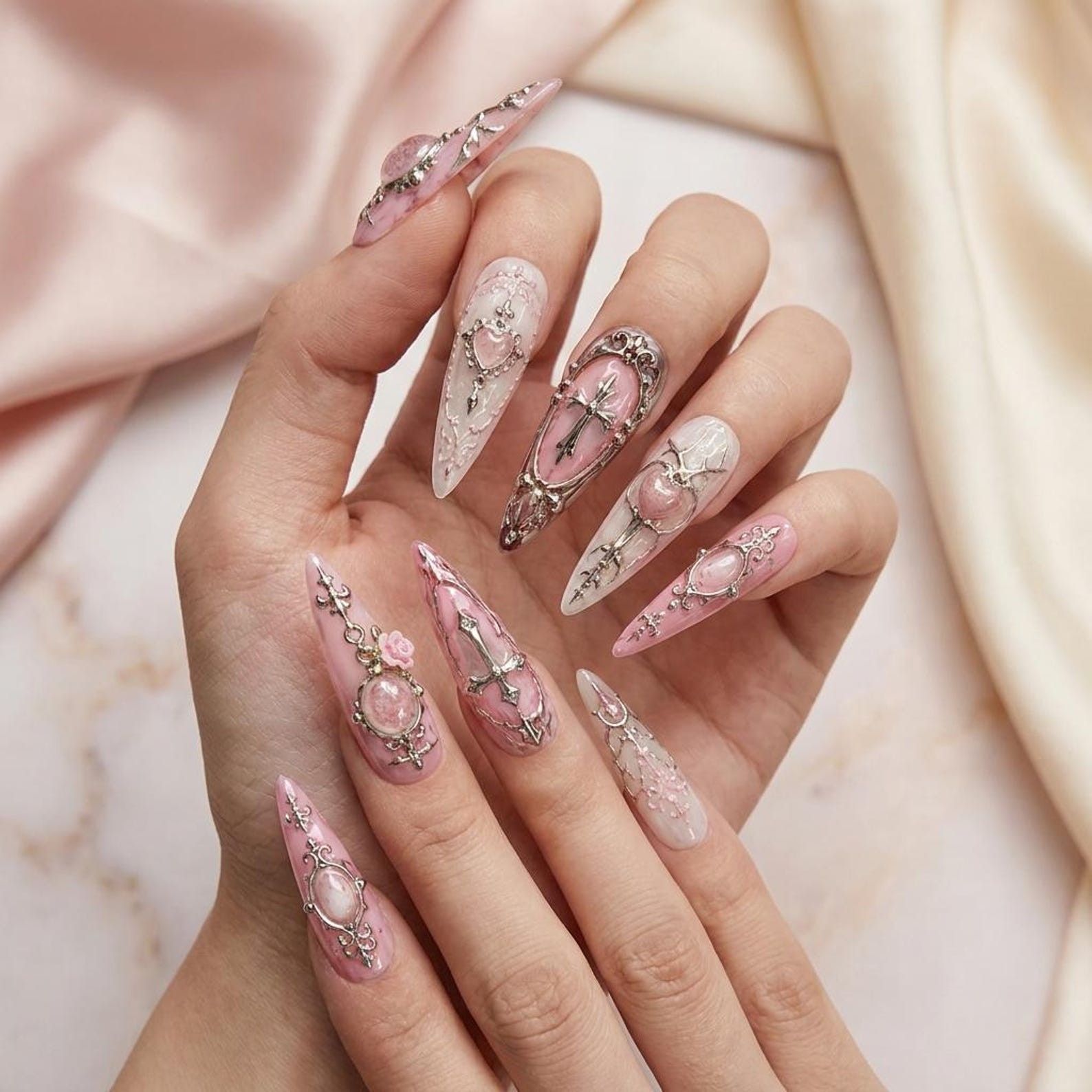 Handmade Gothic Pink 3D Rose Cross Heart Metal Long Stiletto Press on Nails