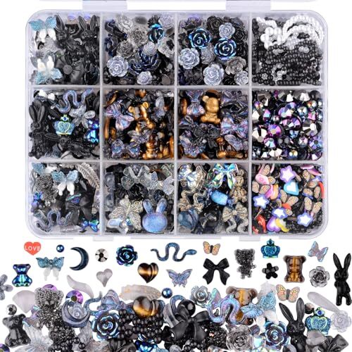 850 Pieces 3D Butterfly Rose Flower Bow Rabbit Bear Nail Charms Kit with Black
