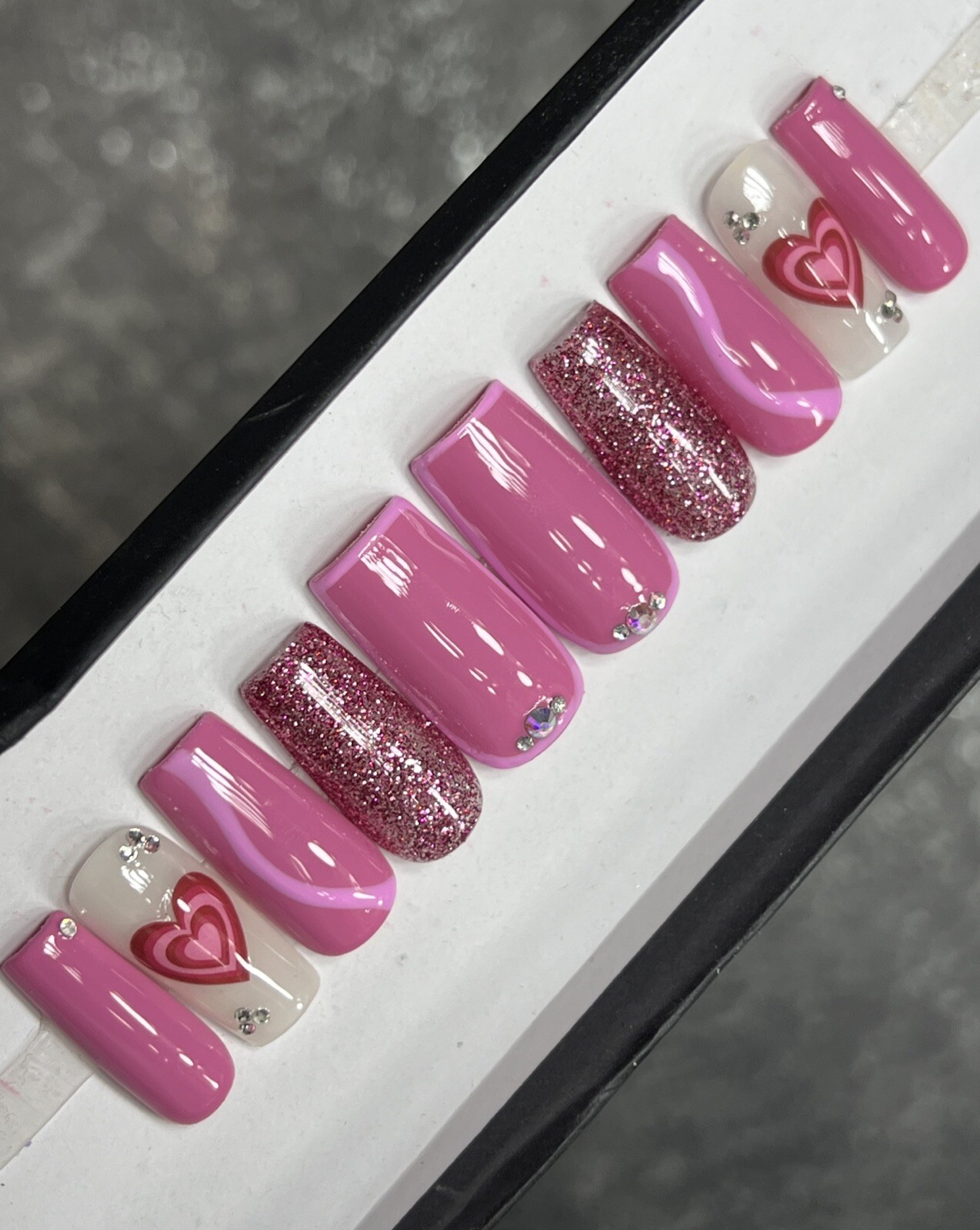 🤍 CUSTOM Hard Gel Press On Nails, Flower Pink Nude BLING 10p FULL SET W Kit