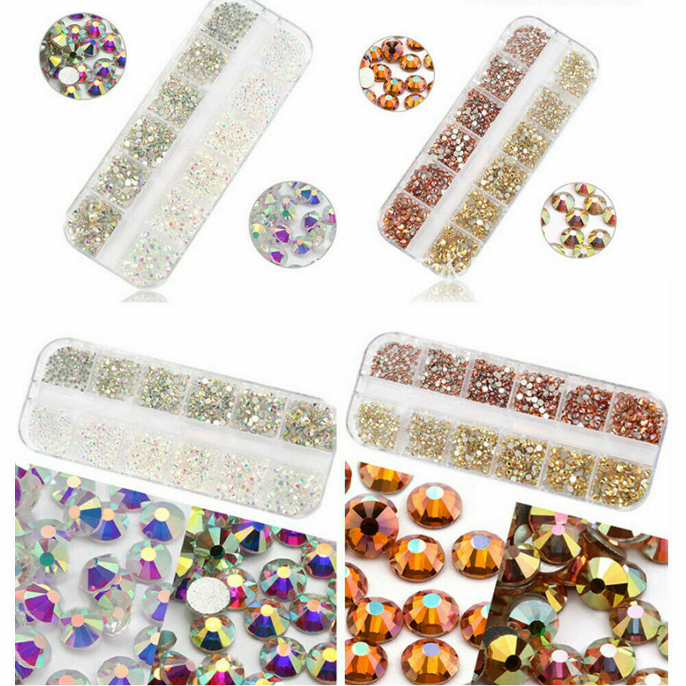 12Grid/Box 3D Nail Art Rhinestones Mix Size Flatback Glitter Diamonds Tips Decor