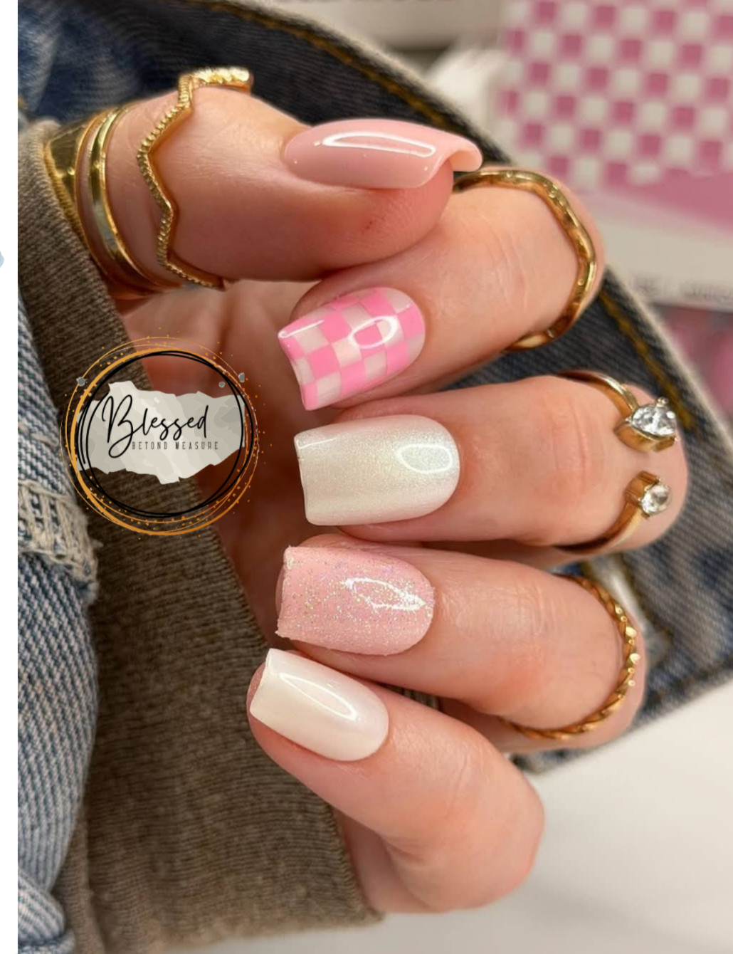 Red Aspen Press On Nails- Bold & Bossy, Bellarose-Short Coffin Pink Checker