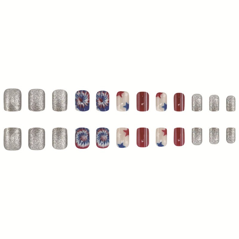 48pcs-USA Tie Dye Star Press on Nails Square Nail Art Set Reusable Handmade