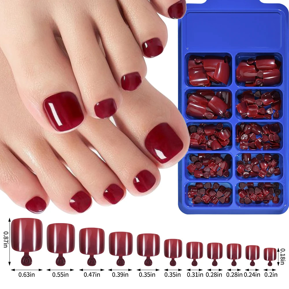 144Pcs Short Square False Toe Nails Lake Blue/White/Red/Nude Press on Toenails G