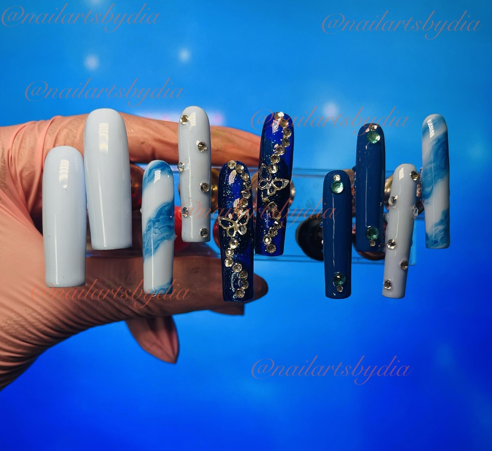 Authentic Nail Arts by Dia Square Press-On Nails Blue White Butterfly Shiny Long