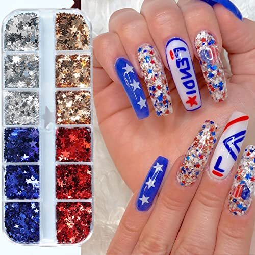 12 Grids 4th of July Nail Glitter Sequins Independence Day Star Nail Sequins P5