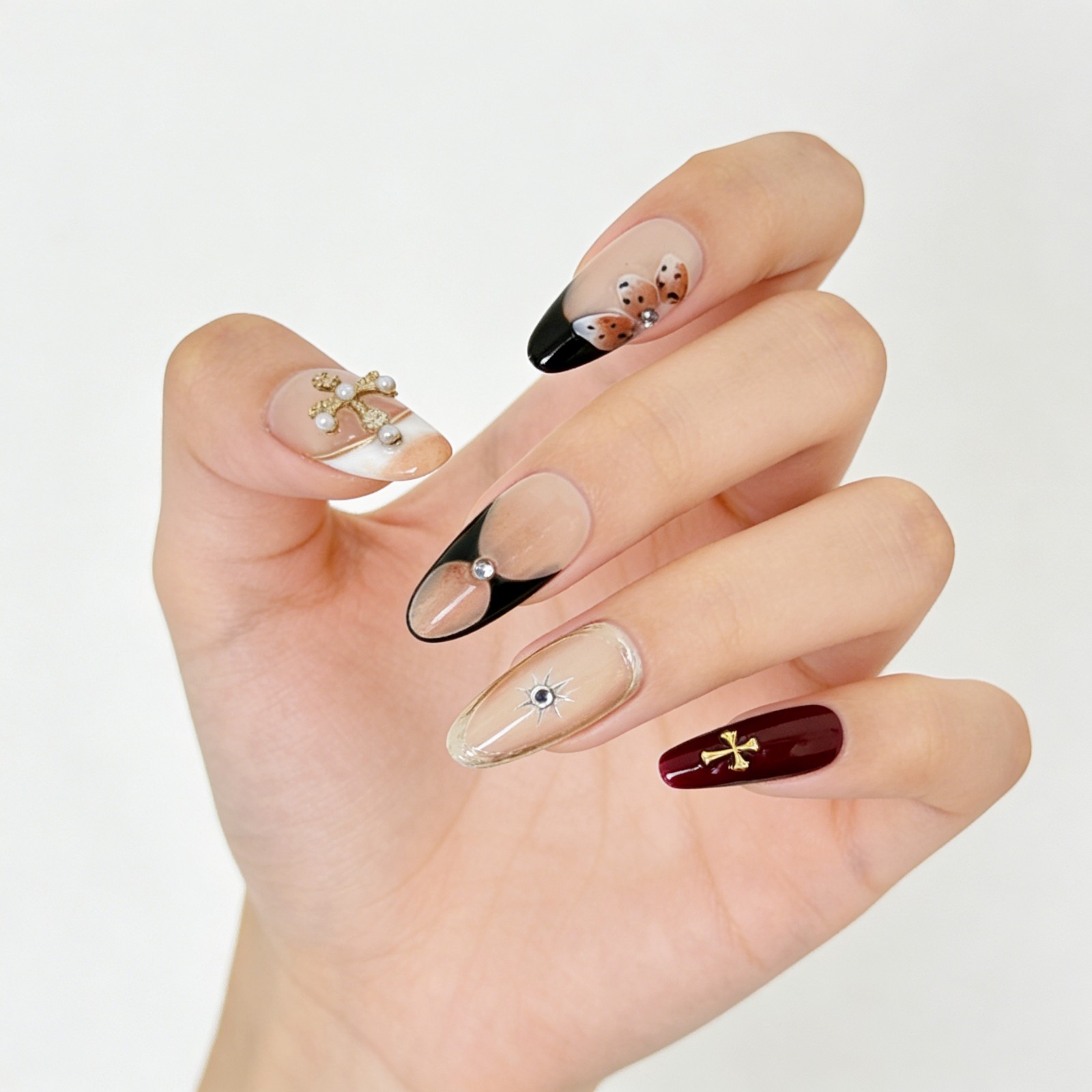 Sweet Gothic Rococo Press-On Nails with Pearl Cross & Metallic Accents Almond