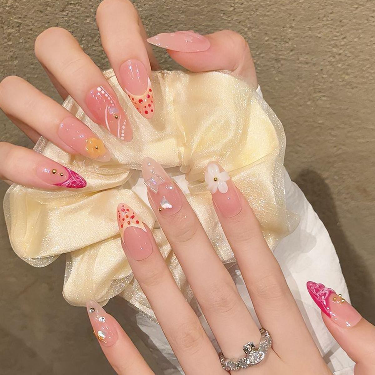 Handmade Colorful Full Stone Press On Nails Short Square Shimmery False Nails