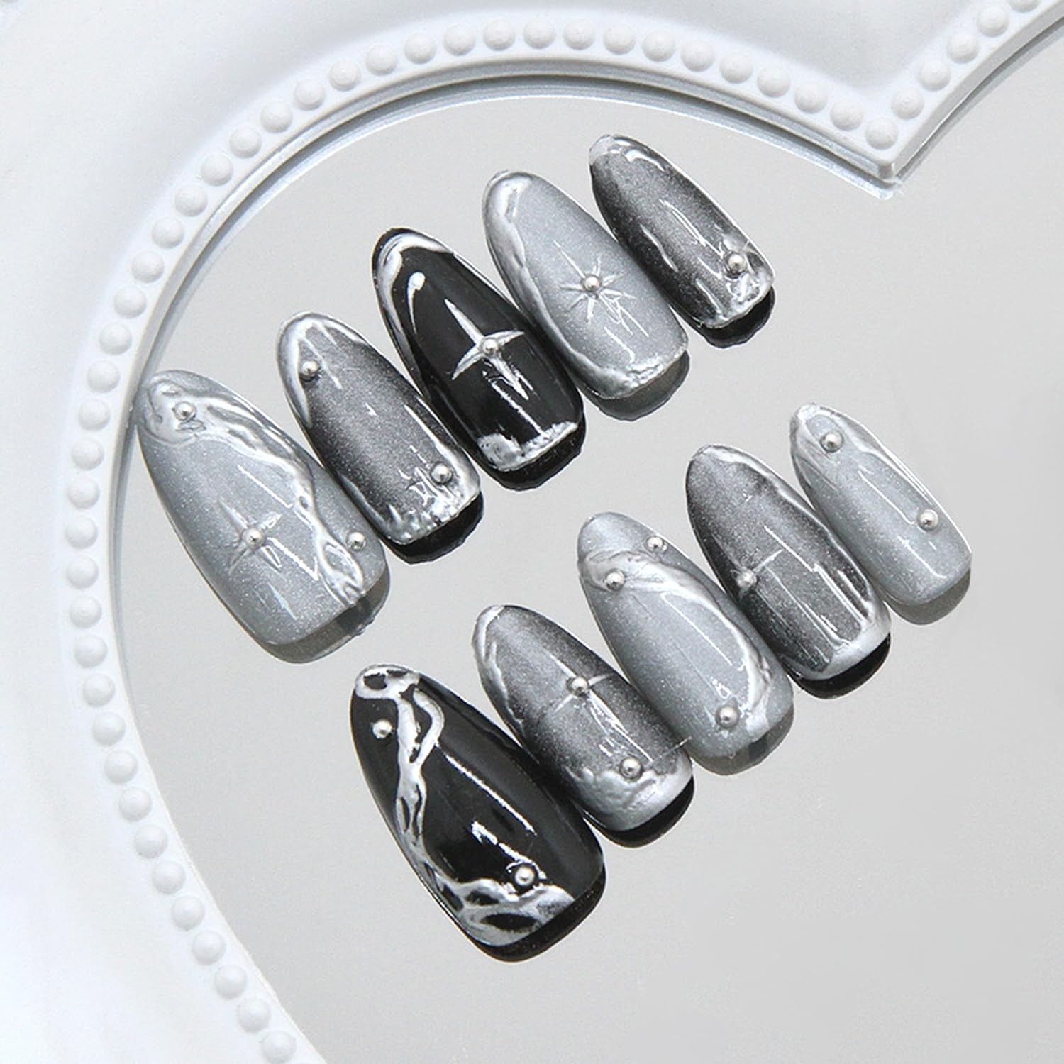 30Pcs Silver Chrome Press on Nails Short to Medium Almond, Colorful -37