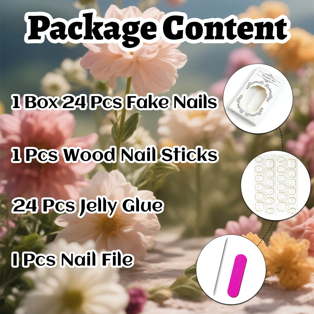24Pcs White French Tip Press on Nails Short Almond Fake Nails with 3D Gold Beads