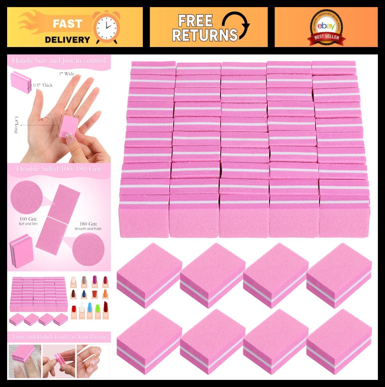 400 Mini Nail Buffers – 100/180 Grit Buffer Blocks for Acrylic & Natural Nails,