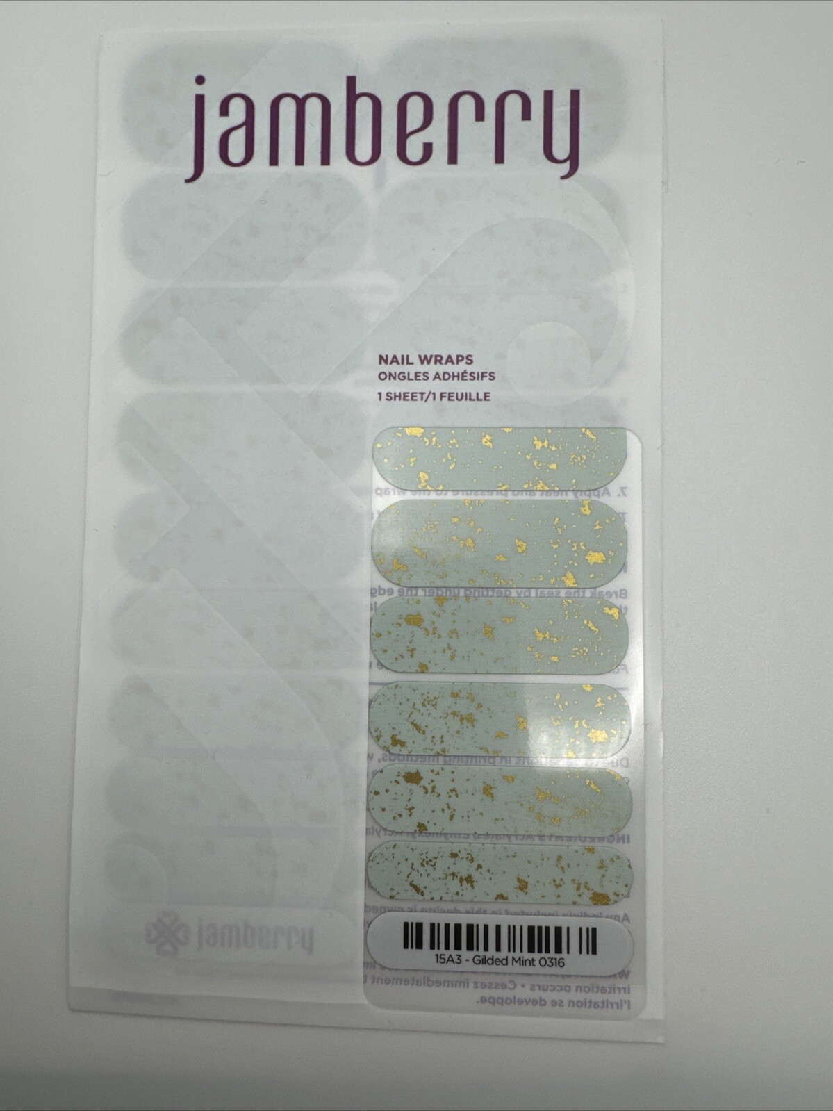 Jamberry Nail Wraps Gilded Mint Full Sheet (green & Gold metallic graphic Matte)