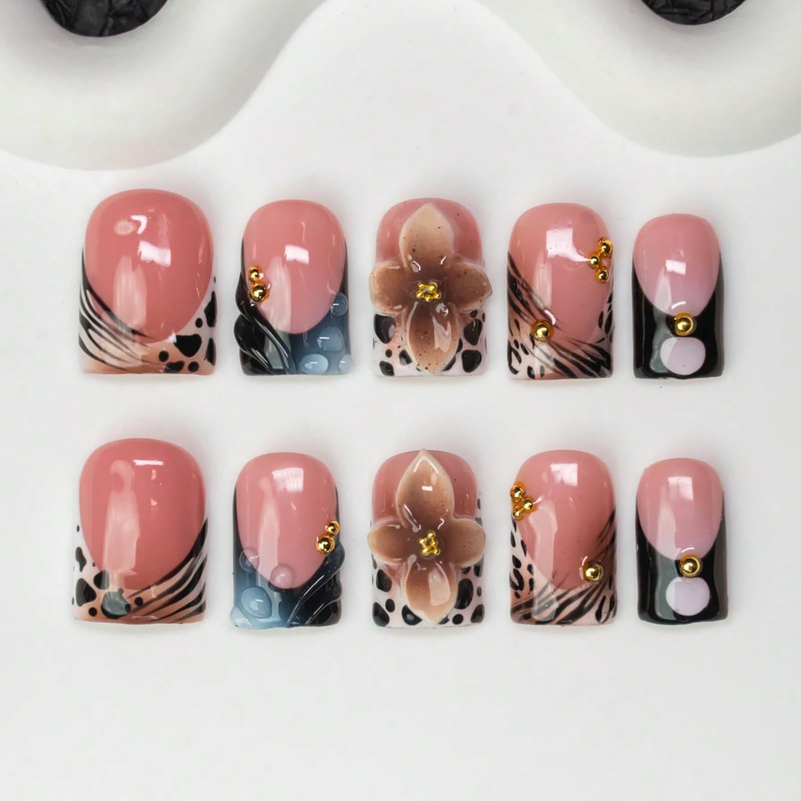 Handmade Press on Nails Short Square Nude Black Leopard Print French Tip Fake…