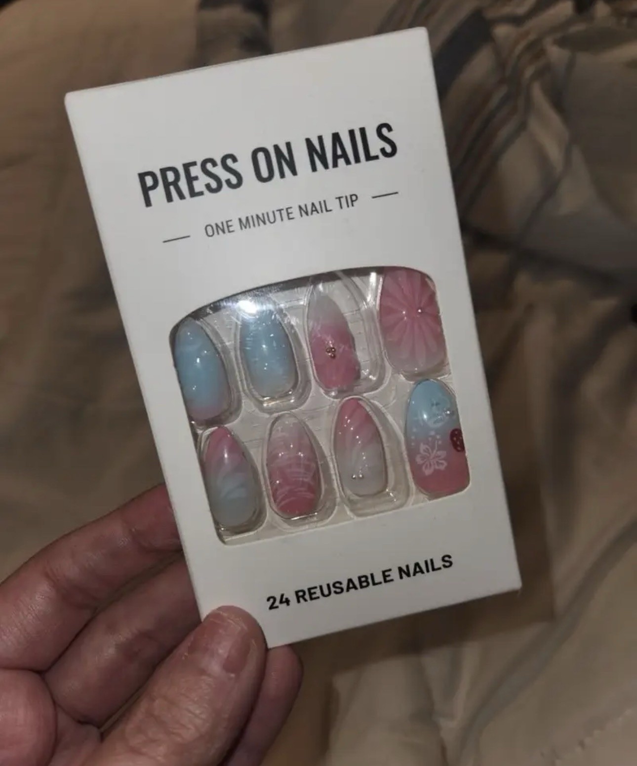 Press-On Nails Set Pink/Blue/White 3D Flower Full Cover Pre-Designed Reusable