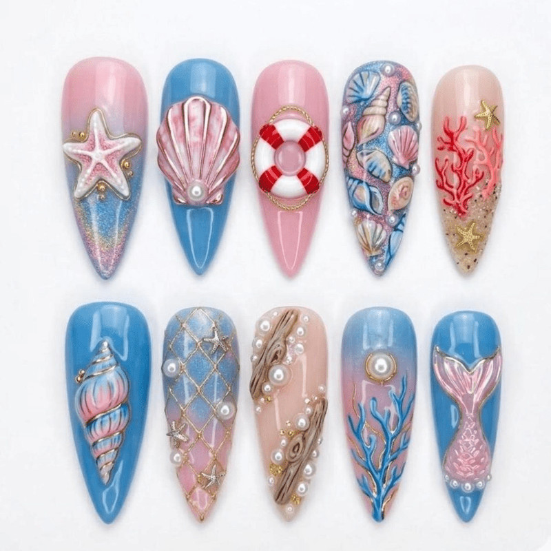 Shell Starfish Handmade Press on Nails Mermaid Coral Pearl Gradient Fake Nails