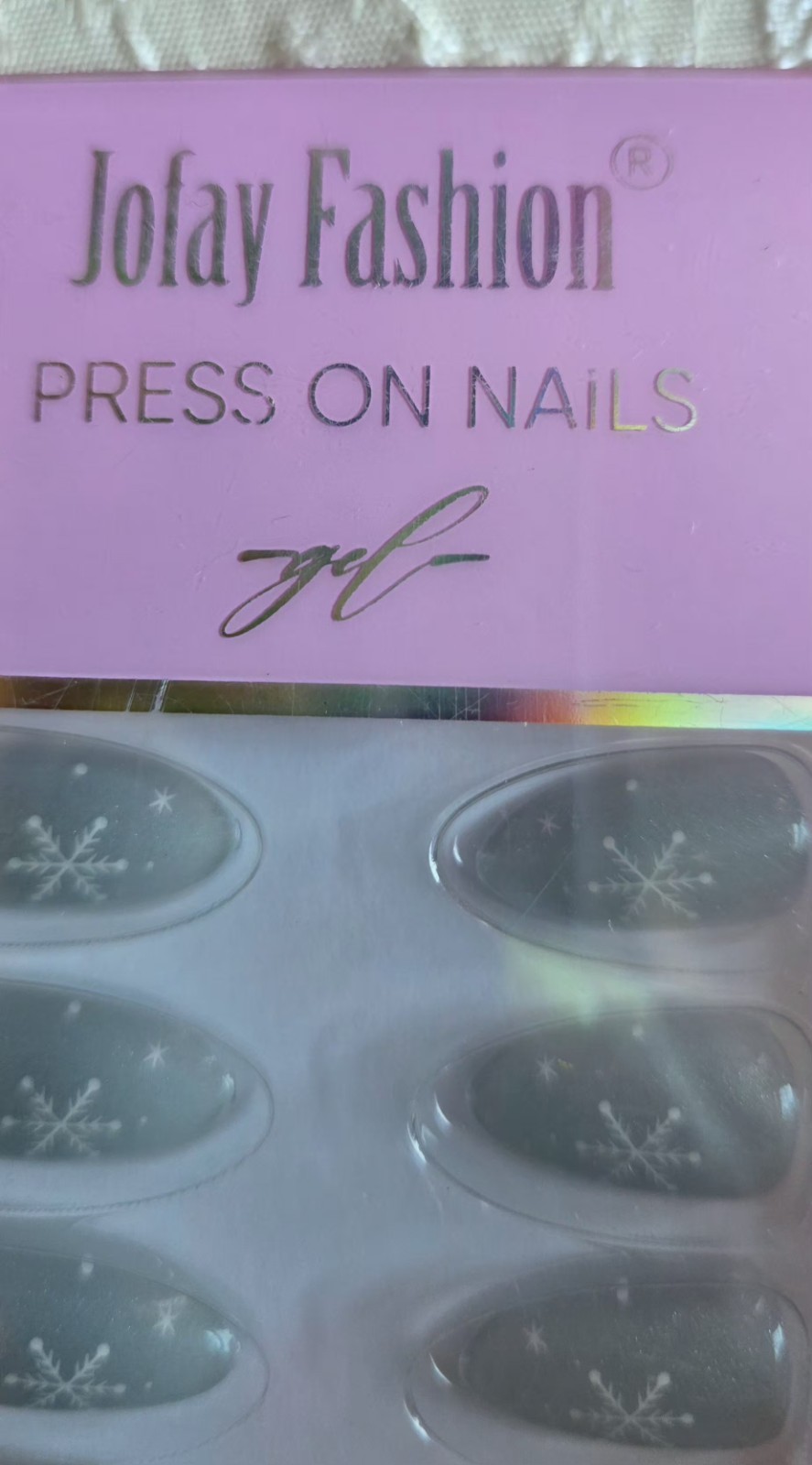 Jofay Fashion Pastel Blue With White Snowflake And Glitter – Press-On Nails