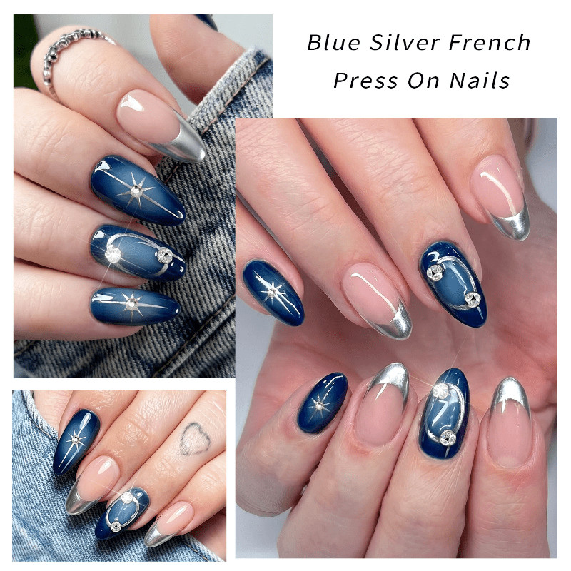 48pcs Almond Press on Nails, Blue Silver Ombre Star Rhinestone Elegant Nails