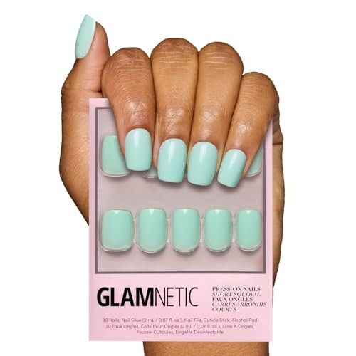 Press On Nails – | Short Squoval Light Blue Fake Nails with Glossy Soft Teal