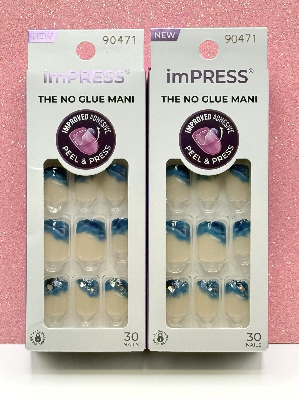 Kiss imPRESS No Glue Press-On Nails Manicure Short Blue Glitter 90471 Lot Of 2