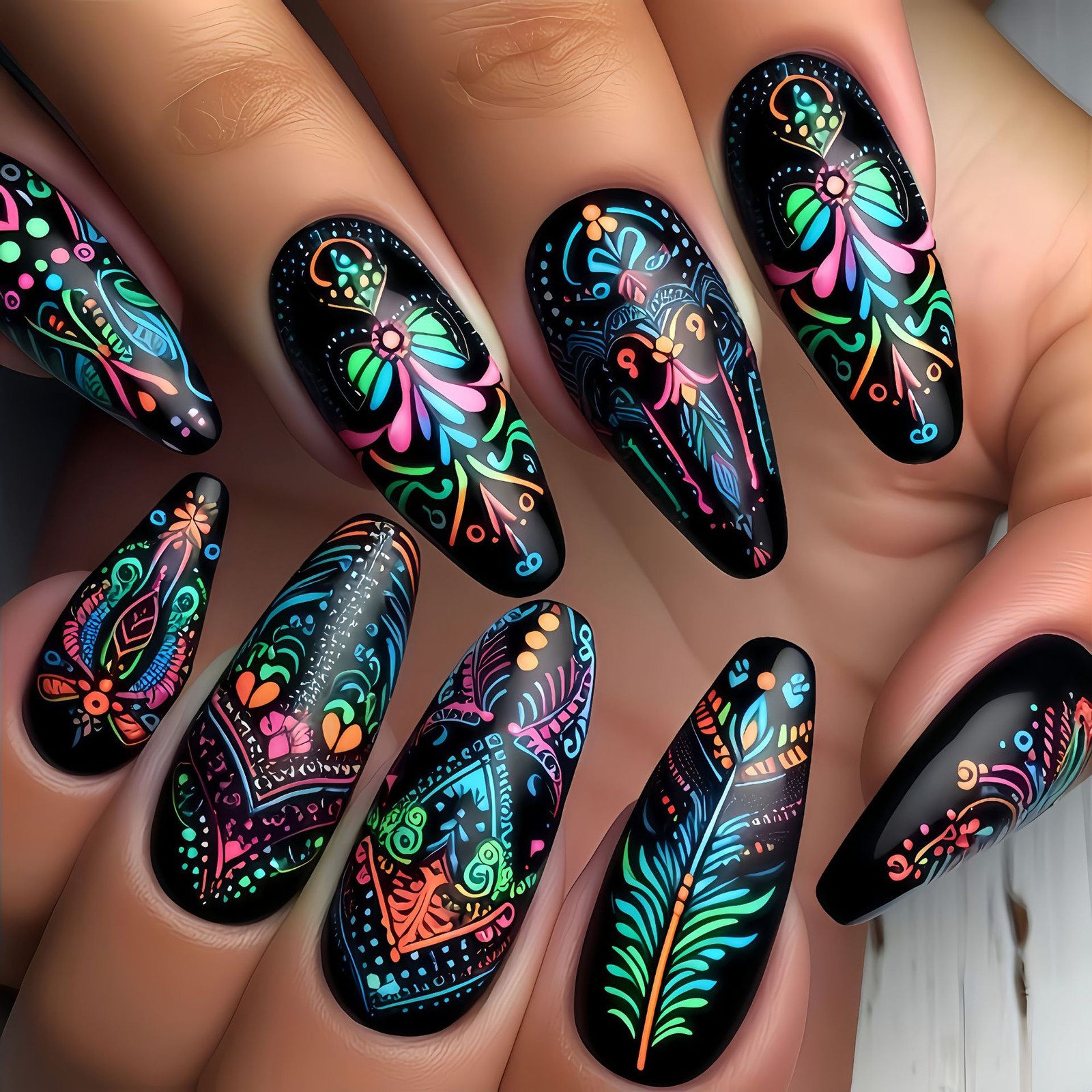 48Pcs Black Neon Press on Nails Tribal Feather Hand Painted Stylish Fake Nails