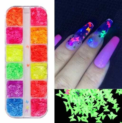 12 Grids Laser Nail Sequins Glitter Colorful Fluorescence Nail Flakes 3D