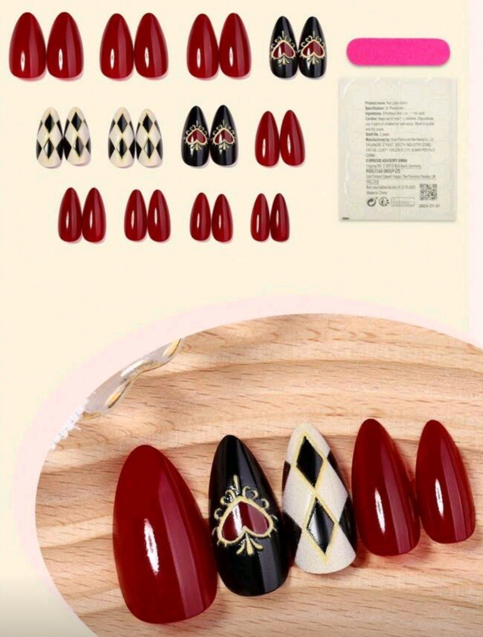 Press-On Nails Harlequin Hearts Black Red & White Valentines Day Medium/Long