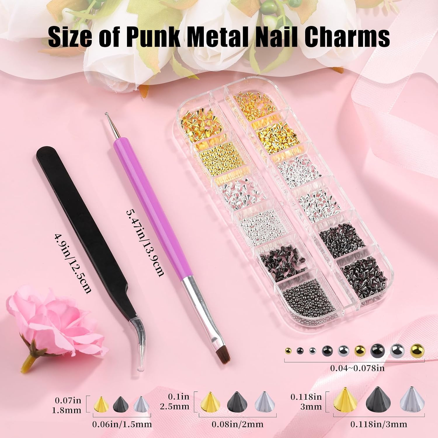 3D Mini Metal Punk Nail Art Studs, Mixed Sizes Gold Silver Black Alloy Cone Spik