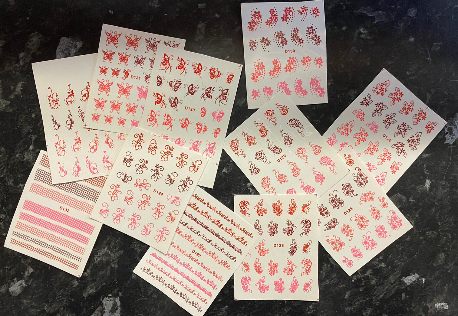 12 Sketch Henna Mehndi Arty Red Pink Butterfly Flower Nail Transfers Uk Seller