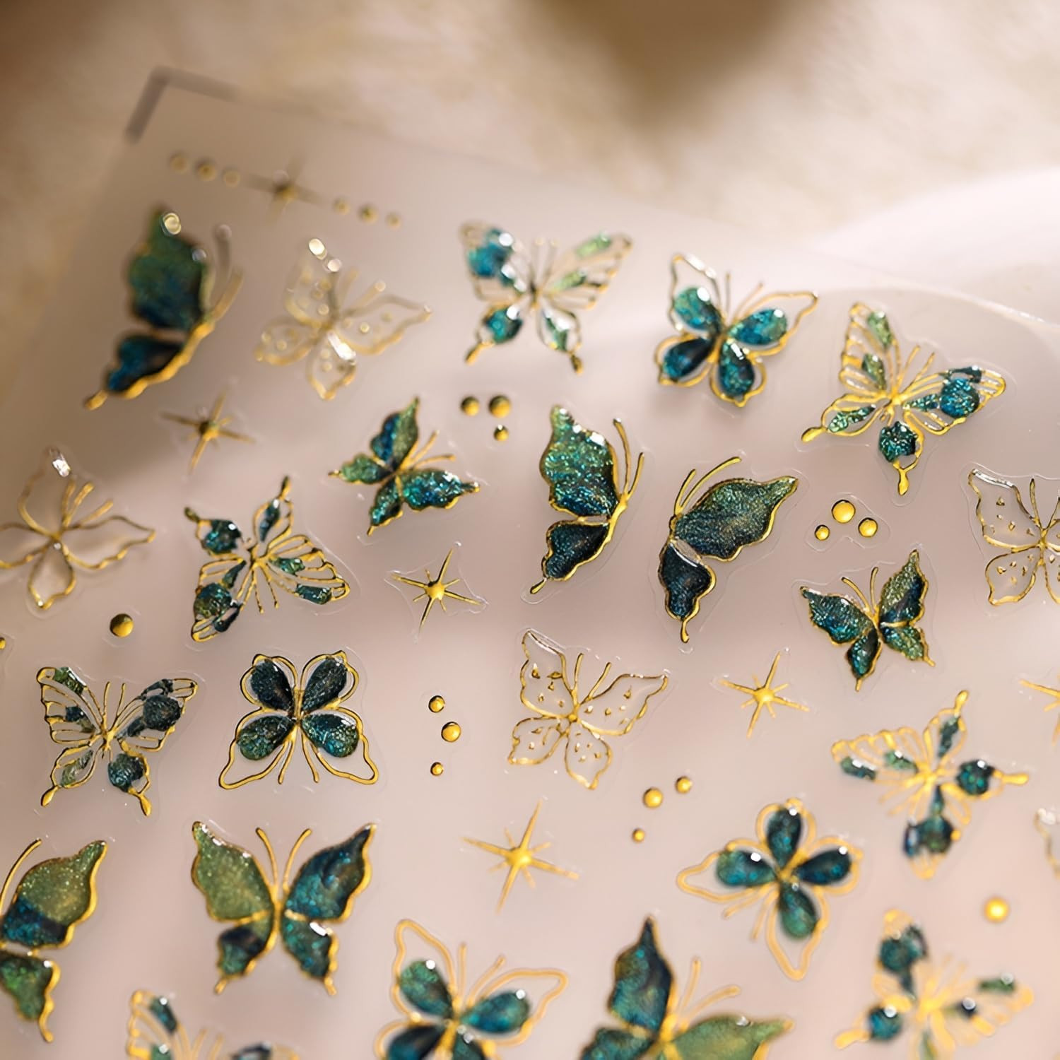 Green Butterfly Nail Stickers for Nail Art 5D Embossed Nail Decals Gold Butterfl