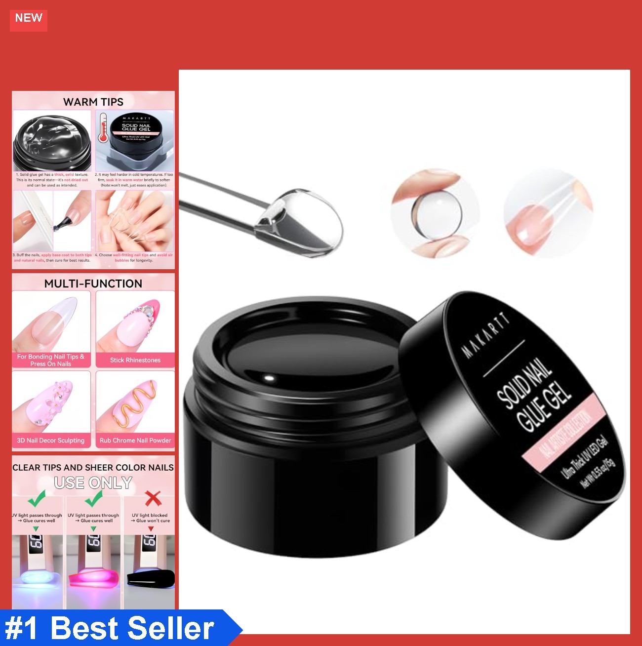 Solid Nail Glue Gel 15ml HEMA-Free Press On Nails Clear Tips Low Heat UV LED