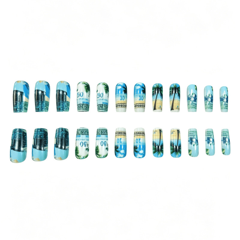 48 Pcs Beach Palm Coffin Press on Nails, Tropical Vacation Trendy Fake Nails