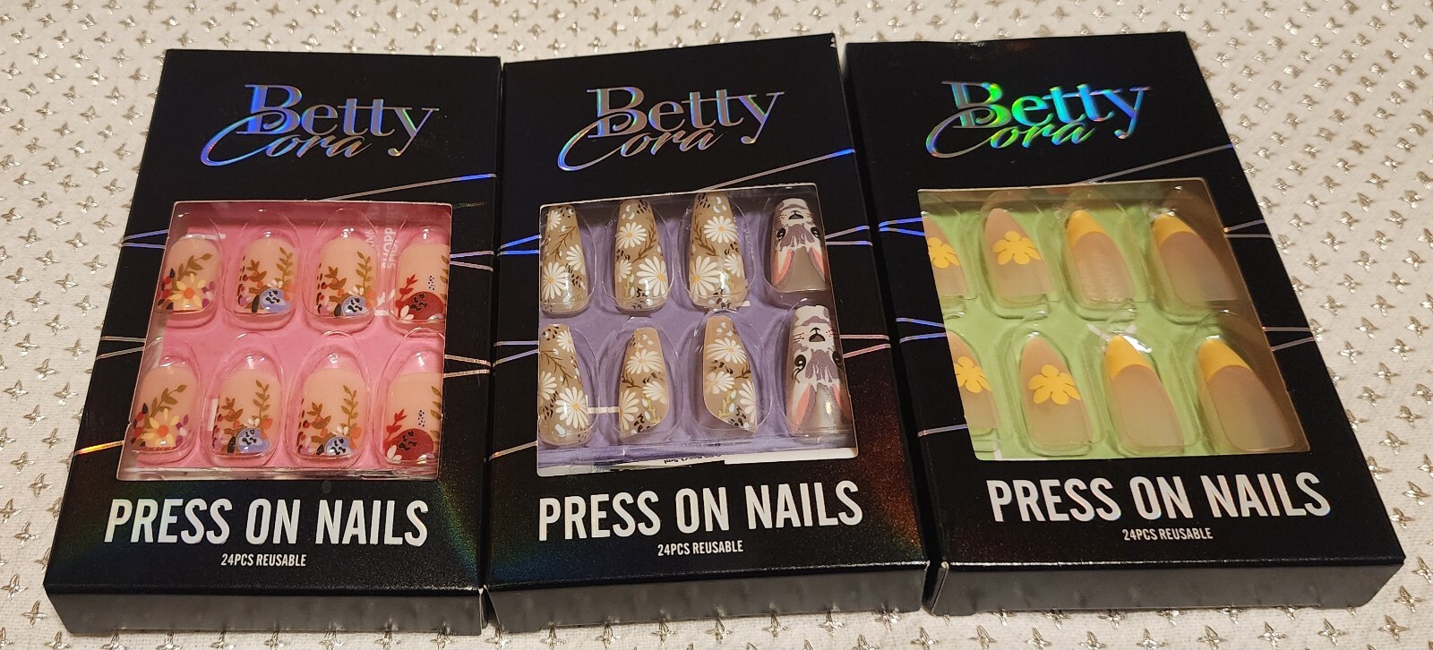Lot 12 Sets Betty Cora Press On Nails NIB Hearts Rainbows Bunny Mushrooms Ghosts