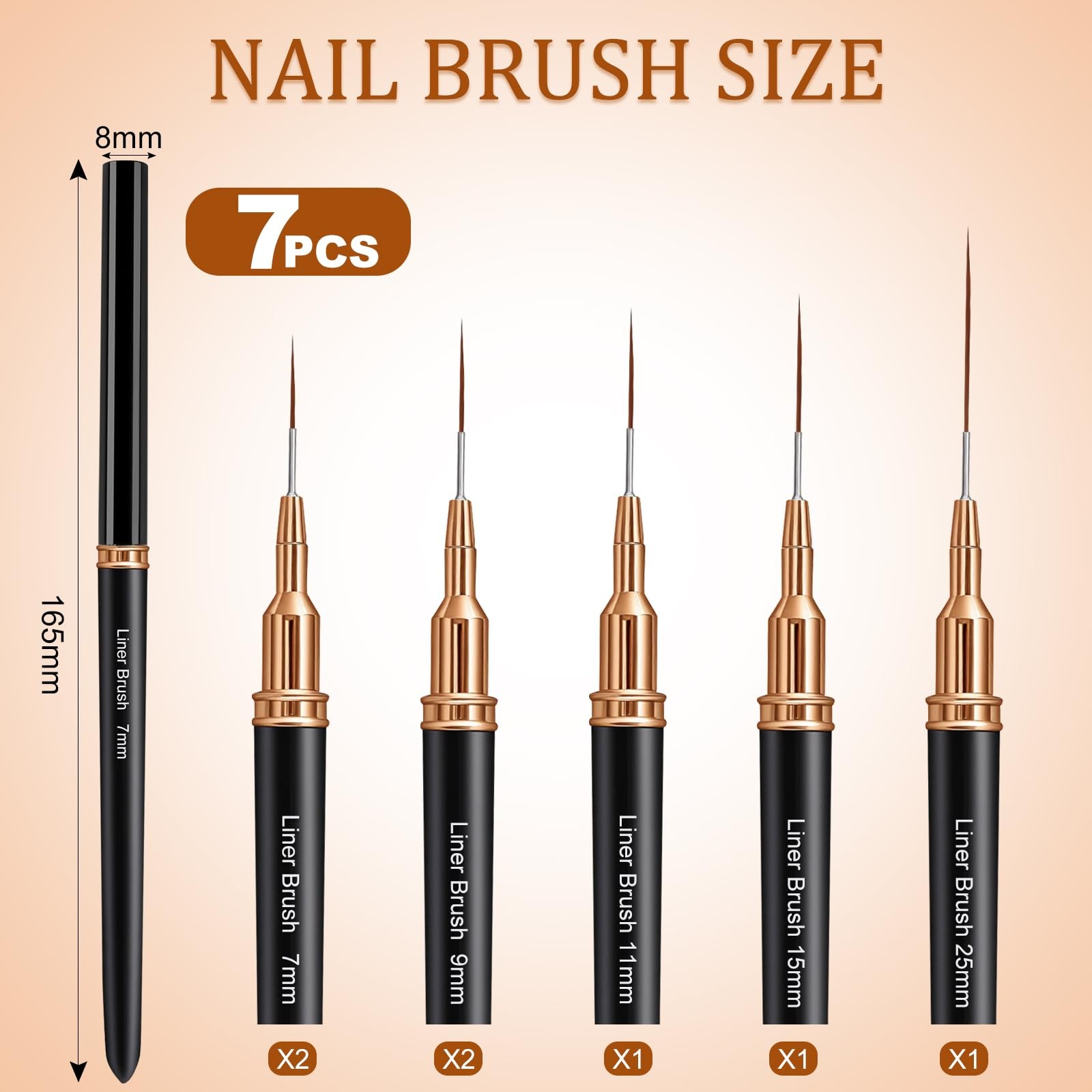 7PCS Metallic Nail Art Brushes Set, 7/9/11/15/25mm Liner Brush For Nails , Su…