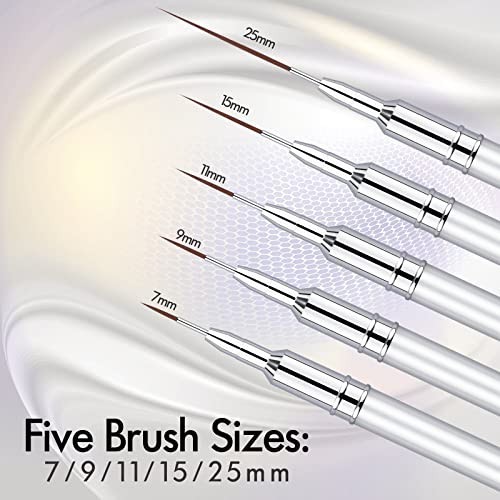 5PC Nail Art Brush Set – Long Liner, UV Gel Polish, Metal Handle, Sizes 7-25mm