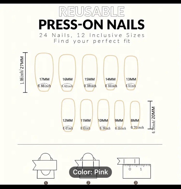 Pink Long Coffin Nail Tips 24pcs Feminine Boxed Nails GLUE & Tabs
