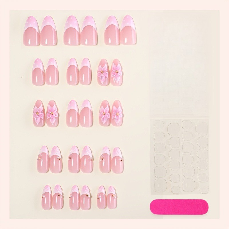 60Pcs-Nude Fake Nails Almond Handsculpt Flower Tiny Pearl Sweet Daily Decor