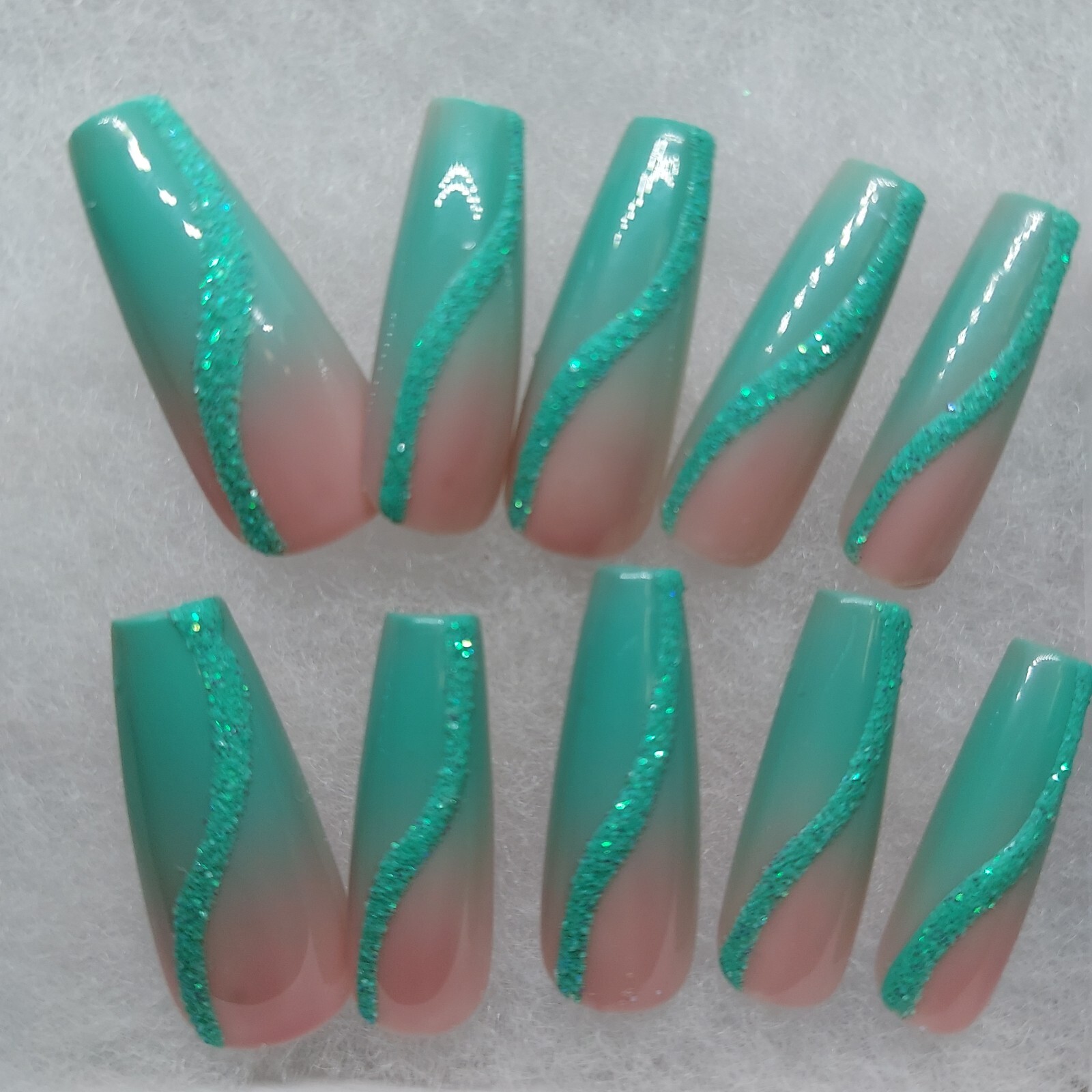 Ocean Beach Wedding Nails Teal Turquoise Glitter Sugar Swirl Press on Nails