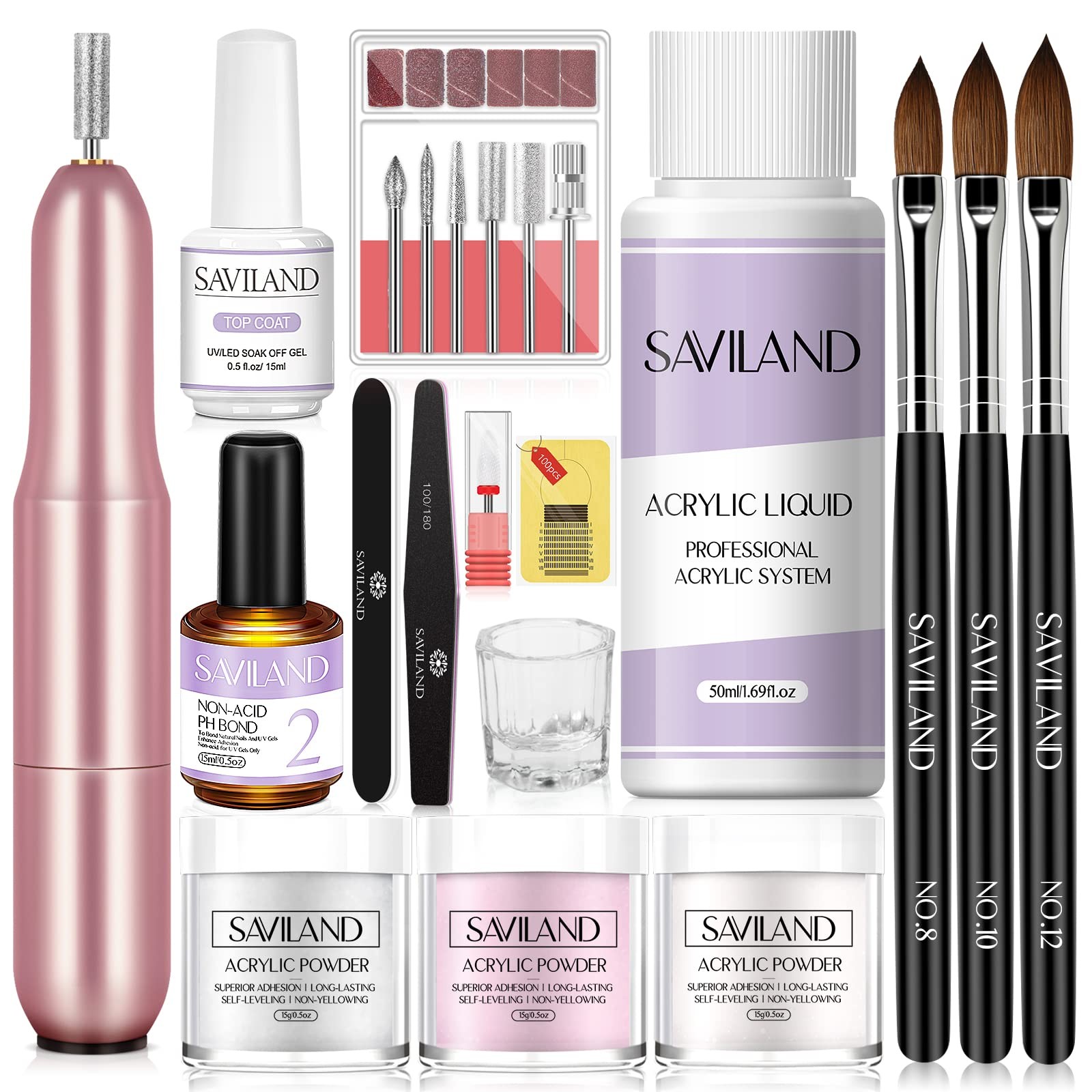 SAVILAND 0.5Oz Clear White Pink Acrylic Powder Liquid Set with Drill