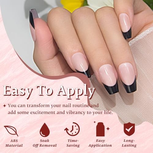 Black French Tip Press on Nails Short Coffin Fake Nails, 150pcs G-Short Coffin