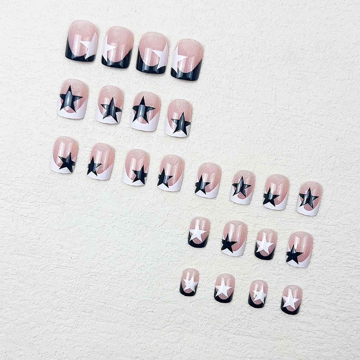 Square Press on Nails Short – White Black French Tip Fake Nails, Star Y2K Got…