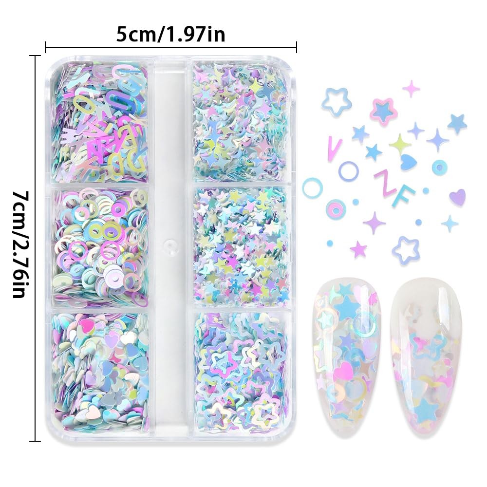 6 Grids Holographic Heart Star Circle Nail Art Sequins Glitter for Nails Nail…