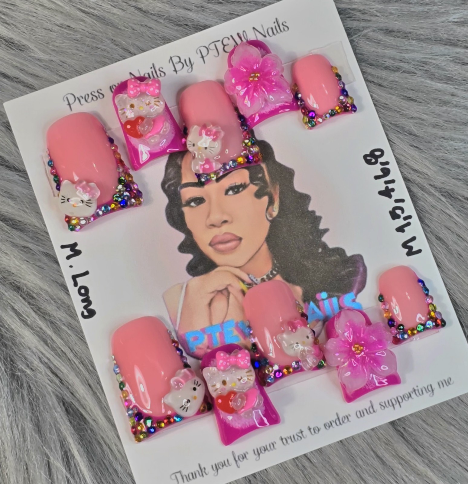 Handmade Press On Nails,LuxuryKitty Pink,Medium Size 1,5,4,6,8 M.Long Duck Shape